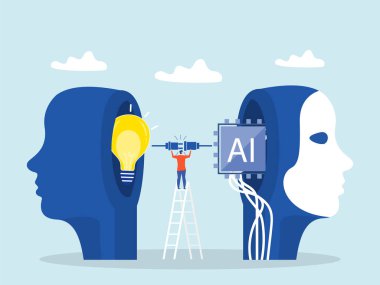 İş adamı, AI Yapay Zeka 'ya ampul fikriyle bağlantı kurdu. Ampul geliştirme konsept vektörü ile çip insan beynine işleniyor