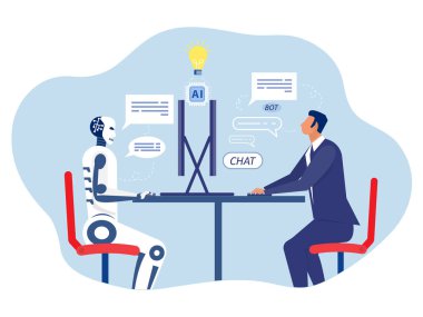 Sohbet robotu, iş adamı danışmanlık için bilgisayar kullanır. Yapay zeka teknolojisi. Dijital sohbet robotu, robot uygulaması, sohbet asistanı konsepti. vektör çizici