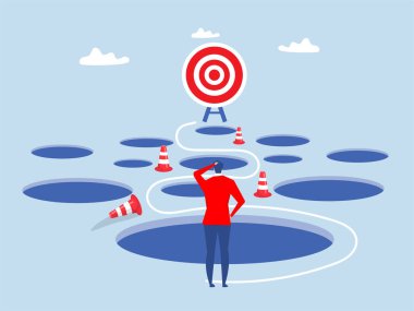 Tuzak planlama ve engelleme konsepti, iş başarısızlığı, beceri ve yaratıcılıktan kaçının. Ticari başarı vektörüne ulaşmak için birçok engeli aşmak için