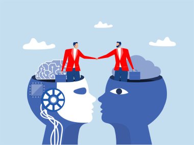 İş dünyası insan ve robot elleri yapay zekanın elini sıkıyor gelecekteki iş konseptini sıkıyor. Düz Tasarım. Vektör illüstrasyonu