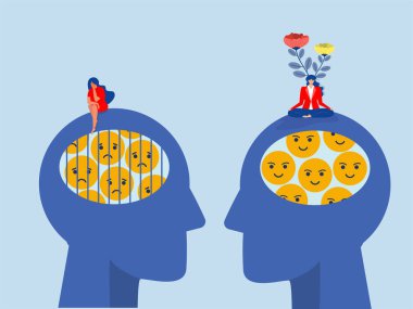 Entelektüel konsept, farklılık pozitif ve negatif iş kadını ruh hali ölçeğinde meditasyon yapıyor. Kafasında hüzünlü, mutlu ve üzgün yüzler var.