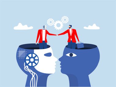 İş dünyası insan ve robot elleri yapay zekanın elini sıkıyor gelecekteki iş konseptini sıkıyor. Düz Tasarım. Vektör illüstrasyonu