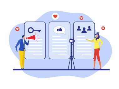 Üst Düzey Fikir Lideri, kadın sosyal medya etkilerini kullanıyor. Megafonlu blogcu adam ve Tiny people takipçileri. Video Blog Activitesi 'nden para birimi işareti olan kız. Modern düz çizgi film tarzı. vektör