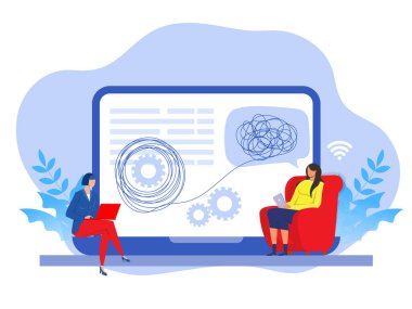 Psikiyatrist danışmanı hasta. Psikoloji ve hastasının video görüşmesi var. Modern düz çizgi film tarzı. Vektör illüstrasyonu 