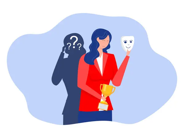 stock vector Imposter syndrome.woman standing for her present profile with fear after door . Anxiety and lack of self confidence at work; the person fakes is someone else concept