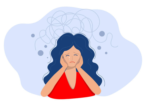 Апатия и депрессия - понятие, женщина, страдающая психическими заболеваниями, девушка, окруженная симптомами депрессивного расстройства: тревога, кризис, слезы, истощение, плоский вектор иллюстрации