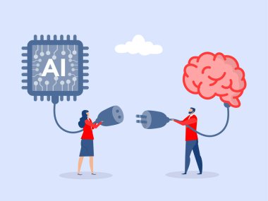 ai chip işleme birimine sahip insan beyni. İnsan ve ai Yapay Zeka birlikte çalışıyor, makine ya da otomasyon çalışmalara yardımcı oluyor, çözüm veya bağlantı kavramı, vektör