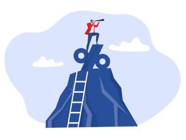 Yüzde İşareti, İşadamı teleskopla yüzde işaretinin üstünde duruyor. İş pazarlama vektör illüstrasyonunu kavramsallaştır, başarılı vektör illüstratörü