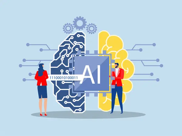 Ortaklık teması, cyborg fikrini ya da yapay zeka teknolojisini kullanan iş adamı fütüristik, yapay zeka, beyin makinası gelecekteki işbirliği çizer