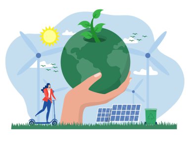  Temiz enerji kavramı. Daha iyi bir gelecek için yenilenebilir enerji. Güneş panelleri ve yel değirmeni vektörlerinden gelen elektrik.