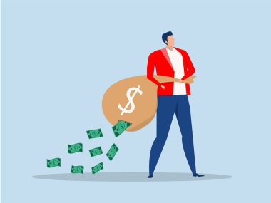  Finansal krizde para yatırımı kaybetmek. İş adamı elinde büyük bir oyuncak bebek tutarken, para biriktirirken, zarar ederken, parçalanırken ve değer kaybederken. iş veya deflasyon ve enflasyon kavramında kar ve zarar