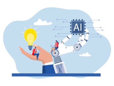 Robot yardımı, insanlar bilgisayar laptopuyla yapay zeka çipi üzerinde çalışıyor. Yaratıcı fikir ai teknolojisi başarılı çalışmalara yardımcı oluyor ya da destek oluyor.