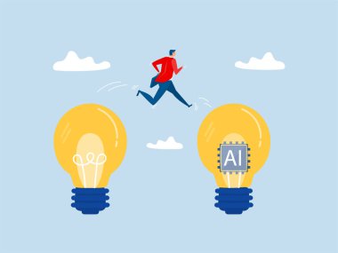 Fikri değiştir İş Dönüşüm Yönetimi ya da daha iyi ai Yapay Zeka yenilikçi şirketine geçiş, yeni normal konsepte geliştirme ve adaptasyon, iş adamı eskisinden parlak ampul fikrine atlıyor.