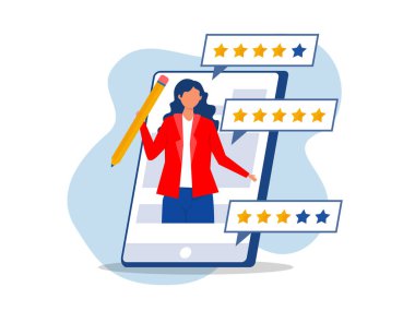  iyi geri bildirim veya kredi notu, değerlendirme sıralaması, müşteri değerlendirmesi, pozitif kullanıcı deneyimi konsepti. Mobil uygulamanın 5 yıldızlı derecesi, çevrimiçi hizmet memnuniyeti
