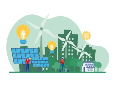 Dairesel iş ekonomisi kavramı, yenilenebilir enerji ve doğal kaynaklara sahip sürdürülebilir ekonomi. Yeşil enerji, sürdürülebilir sanayi ve üretim kavramı. Vektör illüstrasyonu