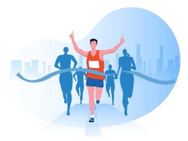 Maraton yarışında kıyafetlerle koşan bir adam, atletizm etkinliği, spor grubu koşusu, şehrin arka plan tasarım vektörü