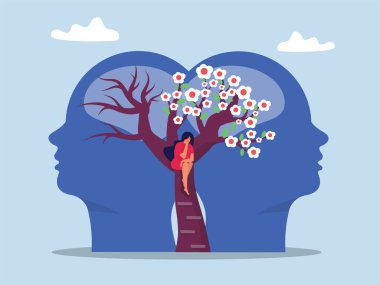 Akıl sağlığı konsepti, çiçek açan ağaçlı iki baş silueti, çıplak ağaç, metafor bipolar zihinsel bozukluk. Psikolojik büyüme zihniyeti ve sabit zihniyet vektörü