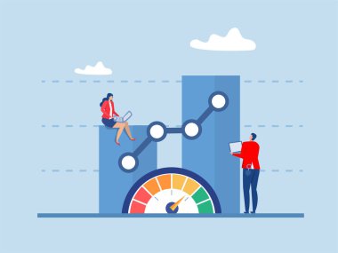 Ölçüm performansı veya KPI anahtar performans göstergesi büyümesi veya KPI ölçüm sonucu, işadamı ölçüt metrik grafik ölçeğini büyüttü.