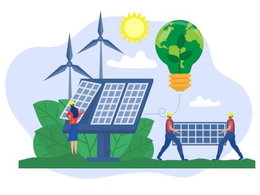 Güneş Enerjisi Konsepti, Modern Düz Tasarım Vektör İllüstrasyonu 'nun yenilenebilir güneş paneli kurulumu için Güneş Paneli taşıyan İşçi Mühendisleri.