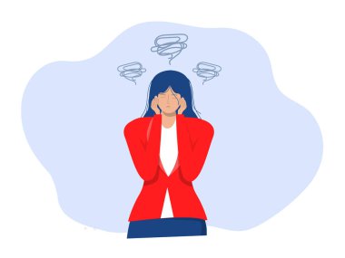 İş yerinde stresli. Ofis sendromu. Güçlü baş ağrısı olan iş kadını. Kafasını tutan yorgun ve bitkin bir kız. kronik yorgunluk ve sinirsel gerilim, düz vektör