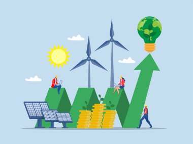 İşadamı temiz ve yeşil enerjiye yatırım yapar. Güneş paneli ve yel değirmenleri, para ve doğa tasarrufu ESG veya ekoloji problemi kavramı modern düz vektör illüstrasyonu 