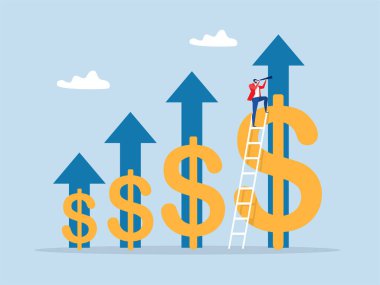  İş adamı büyüyen sermaye üzerinde dolar işareti olan dürbünler kullanıyor. Gelir, gelir veya refah yönetimi büyüyen yatırım varlık konsepti vektörünü artırın