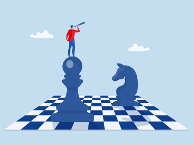 İş adamı rekabeti, liderlik vizyonu veya fırsat arayışı, rekabet analizi, başarı stratejisi, iş yarışması konseptini kazanmak için plan,