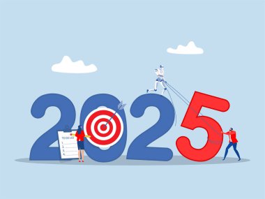 Gelecekteki yeniliklerin yapay zekası 2025 vizyonu, iş adamı insan desteği kavramına sahip Robot sayısı 2025 'i bir araya getirdi