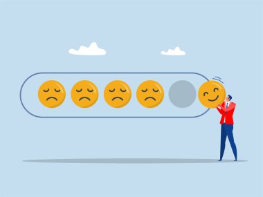 Duygusal zeka, Buisnessman 'ın elinde gülen surat topu diğer üzgün yüzleri geride bırakıyor. İyimser, mutlu ya da pozitif düşünce diğer insanları mutlu ediyor.