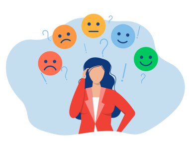 İş kadını hormonal bir değişimden muzdarip. Manevi sağlık, bipolar bozukluk ve duygusal temalardan muzdarip. Üzgün, kızgın, sıkılmış, üzgün. düz vektör illüstrasyonu.