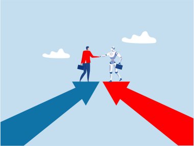 Robot İşbirliği ortaklığına sahip insanlar, başarı, anlaşma ya da müzakere için birlikte çalışıyorlar, işbirliği konsepti, iş adamları robotla büyüme okları üzerinde tokalaşıyor ve birlikte çalışmayı kabul ediyorlar.