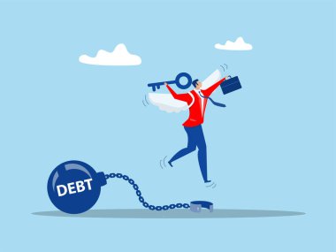 Borç zincirini açtıktan sonra altın anahtarı elinde tutan işadamı. Borçların ödenmesi veya borç konsepti vektörü için özgürlük.