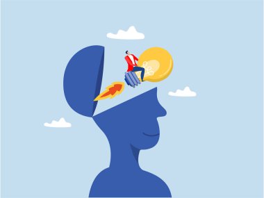 Yaratıcı yeni fikir, iş adamı ya da ampul roketi destekleyicili lider, yaratıcı yeni fikir, yenilik iş kurma ya da başarı hedefi kavramına ulaşmak için ilham