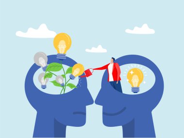 Bir tanesinde ampul yetiştiren bir bitki, diğerinde de bitkiyi sulayan bir işadamı. Yaratıcı ve işbirlikçi fikir büyüme kavramı. Vektör illüstrasyonu