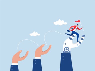 İş hedefi, iş adamının ilerleme kaydetmek için dev el büyütme basamaklarını tırmanması takım arkadaşlarının başarıya ulaşması için teşvik edilmesi., 