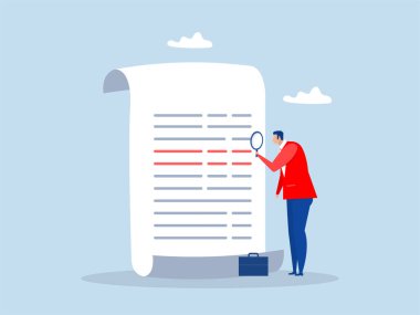 İşadamı büyüteçle belgeyi kontrol ediyor. anlaşma veya sözleşme doğrulama, mali veya bütçe analizi, belge dosyaları konsepti, vektör arama