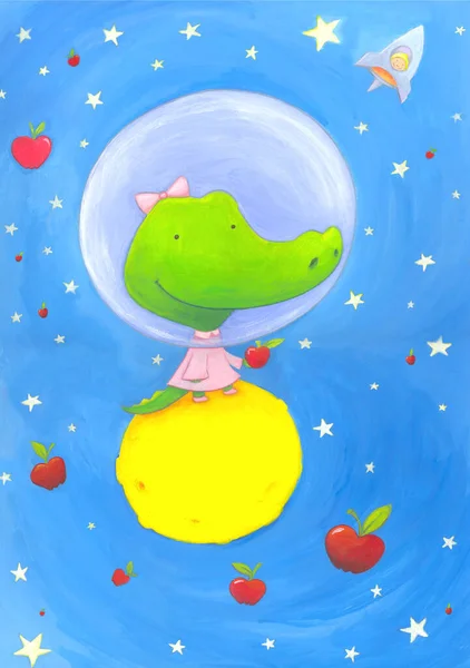 Aquarel Illustratie Van Een Schattig Klein Aligator Een Roze Jurk — Stockfoto
