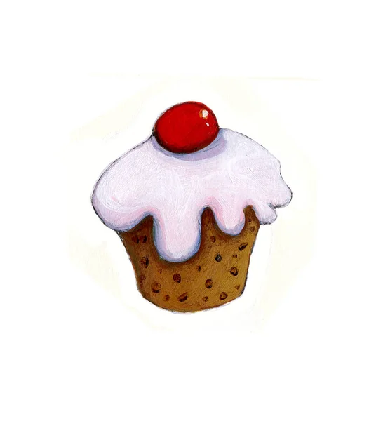 Acuarela Cupcake Ilustración Con Una Cereza Parte Superior — Foto de Stock