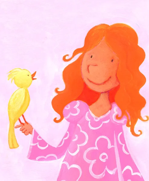 Meisje Met Een Gele Vogel Een Roze Jurk — Stockfoto