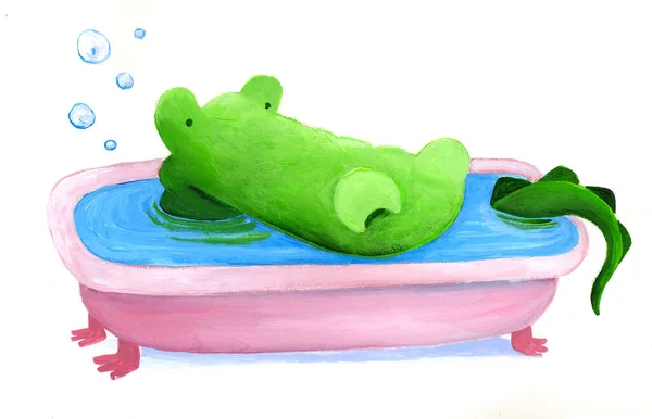 Aquarel Illustratie Van Schattige Groene Krokodil Een Roze Badkuip Vol — Stockfoto