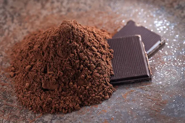 Cacao Polvo Sobre Una Mesa Madera Imagen de stock