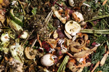 Gübre. Gübre ve sıkıştırılmış toprak döngüsü gübre haline gelen meyve ve sebze atıklarıyla birlikte çürüyen mutfak artıkları ve organik gübre yığınıdır.