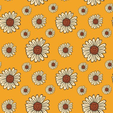 70 'lerin retro tarzı papatya çiçeği pürüzsüz deseni. Moda, tekstil baskısı, duvar kâğıdı, kırtasiye vesaire için tekrar taşı.
