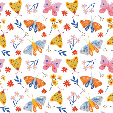 Çiçekli kelebek desenli kusursuz desen. Kumaş, kağıt, hatıra defteri vs. için renkli yay deseni arkaplanı.