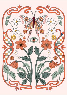 Retro 70 'in psikedelik hippi kelebek çiçek desenli resmi. Poster, duvar sanatı, davetiyeler, tişört grafiği vb..