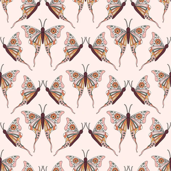 stock vector Retro 70s 60s Hippie Groovy Butterfly vector seamless pattern. Background for wallpaper, wrapping paper, textile etc.