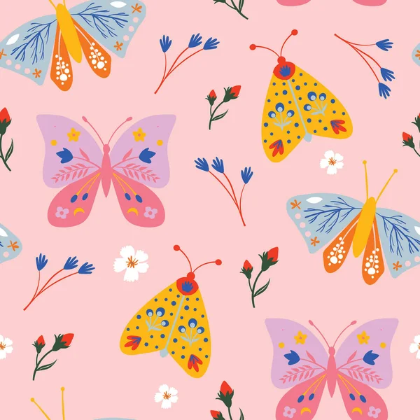 Patrón Sin Costuras Mariposa Con Elementos Florales Fondo Color Rosa Gráficos Vectoriales
