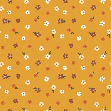 Sarı arka planda küçük renkli çiçekler pürüzsüz desen. 