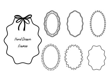 Dalgalı bir modayı barındıran karalamalı kenarlı, garip bir deniz tarağı çerçevesi. Çizgi film stili El çizimi, zig-zag oval çerçeve davetiye için, kart şablonu.