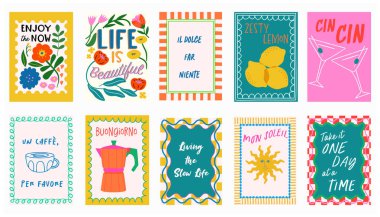 Posterler, tebrik kartları, afişler, sanat baskıları, sosyal medya vesaire için mükemmel alıntılar içeren canlı yaz kıyı seyahatleri temalı bir set. İtalya seyahati dolce vita grafikleri. 